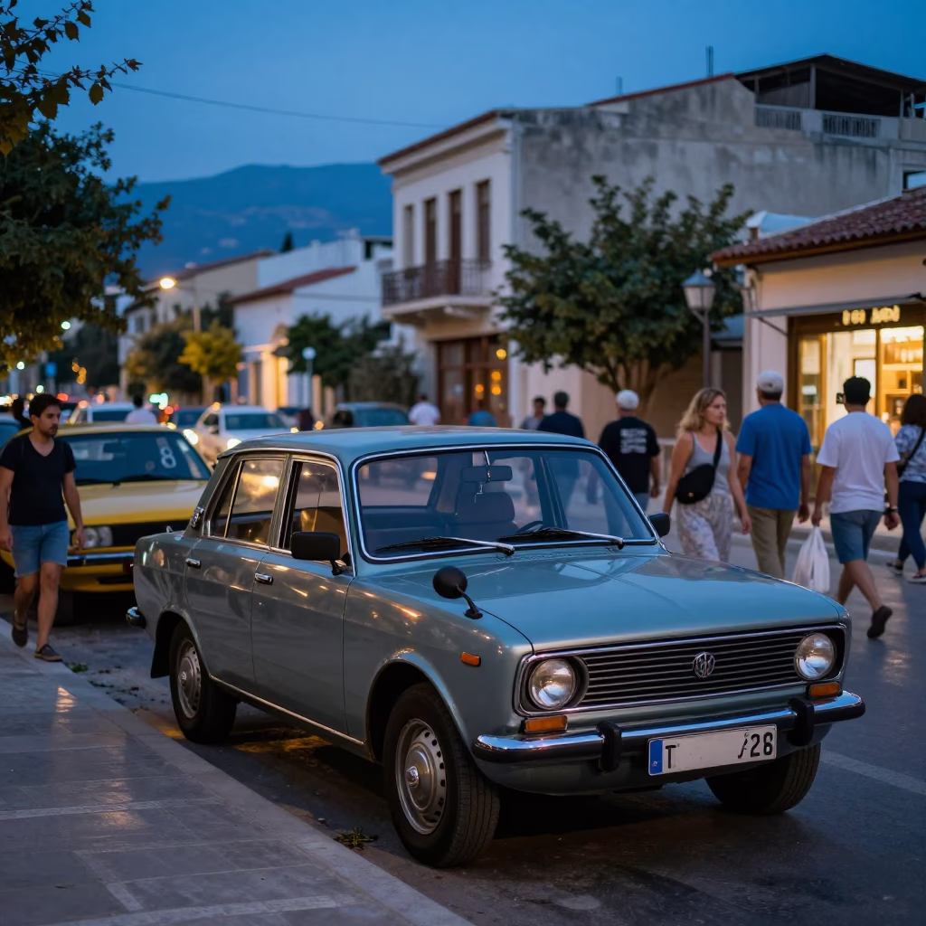 Twilight Street Scene in Athens Greece with Vintage Car and Urban Architecture in in Athens, Greece