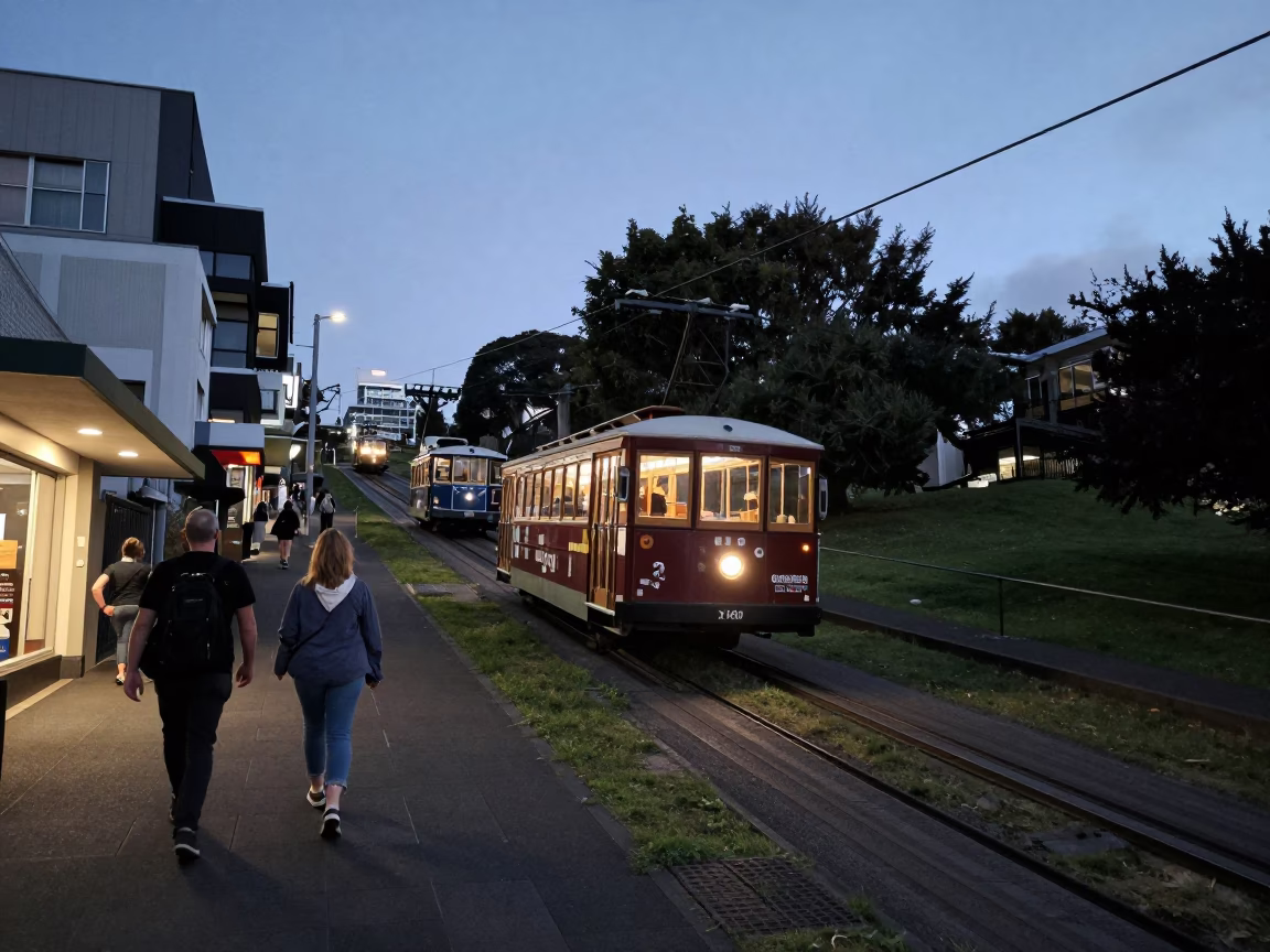Twilight Street Scene in Auckland New Zealand with Funicular Climbing Steep Hill in in Auckland, New Zealand