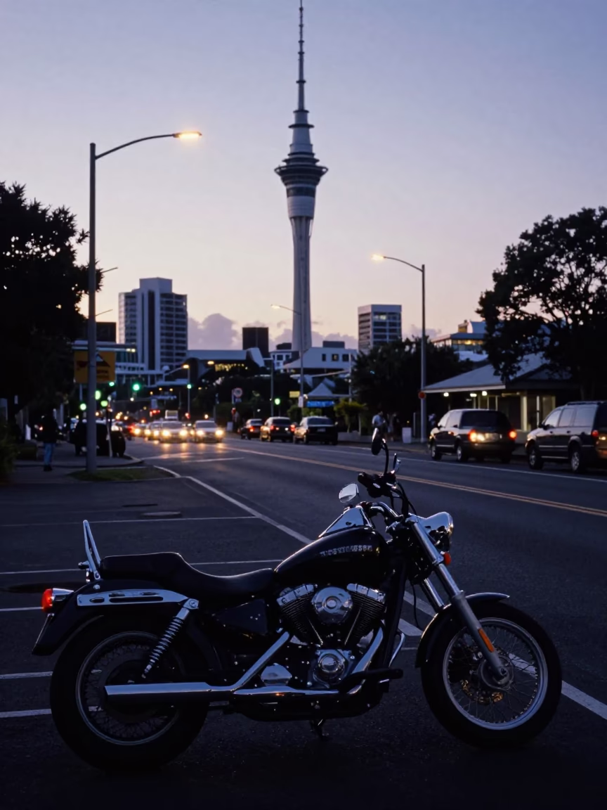 Twilight street scene in Auckland New Zealand with motorcycle and coastal highway in in Auckland, New Zealand