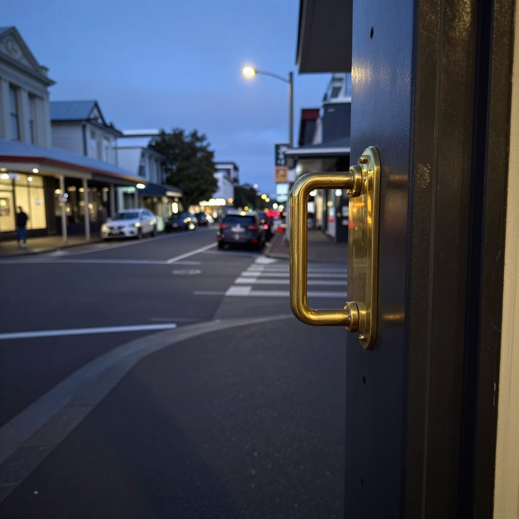 Twilight Street Scene in Auckland New Zealand with Polished Brass Handle and Deck Chair in in Auckland, New Zealand