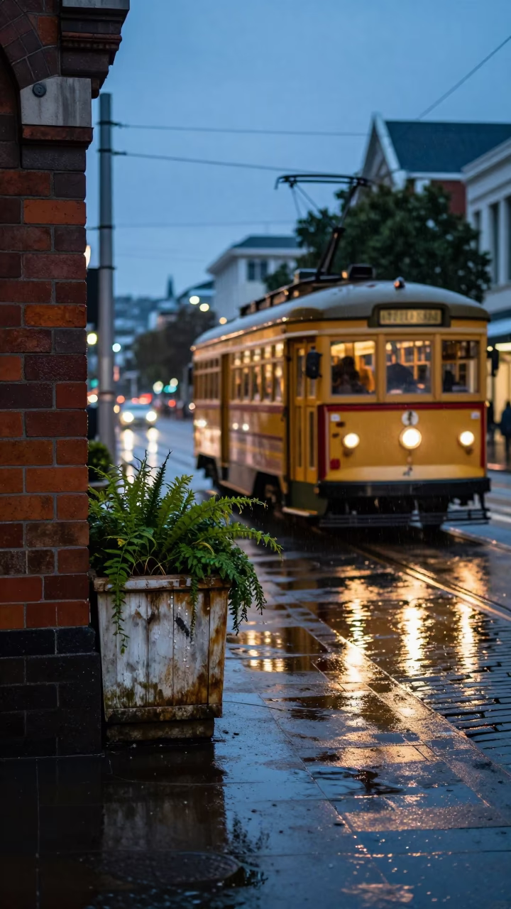 Twilight Street Scene in Auckland New Zealand with Rain Puddles and Tram Reflections in in Auckland, New Zealand