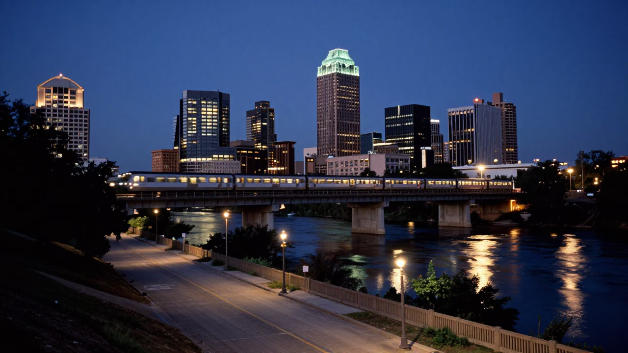 Twilight Street Scene in Austin Texas with Commuter Train Crossing Bridge at Blue Hour in in Austin, Texas, United States
