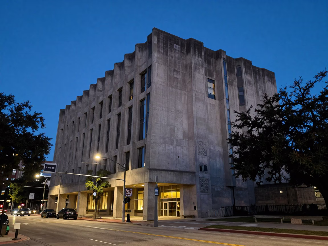 Twilight Street Scene in Austin Texas with Concrete Brutalist Architecture and Local Activity in in Austin, Texas, United States