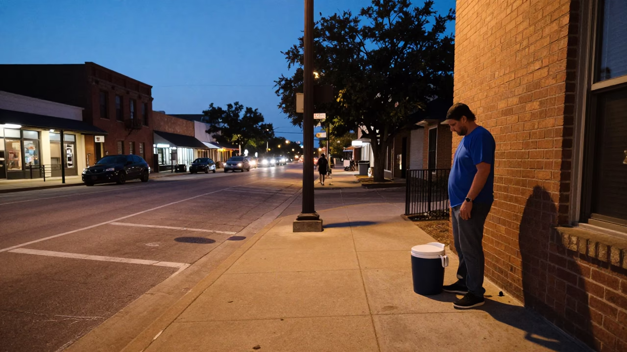 Twilight Street Scene in Austin Texas with Cooler Jug and Local Interaction in in Austin, Texas, United States