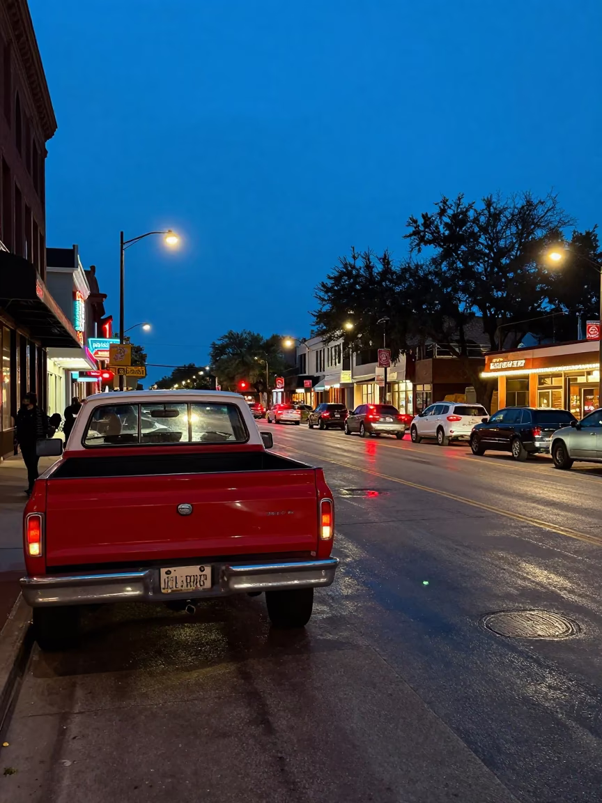Twilight Street Scene in Austin Texas with Neon Lights and Urban Details in in Austin, Texas, United States