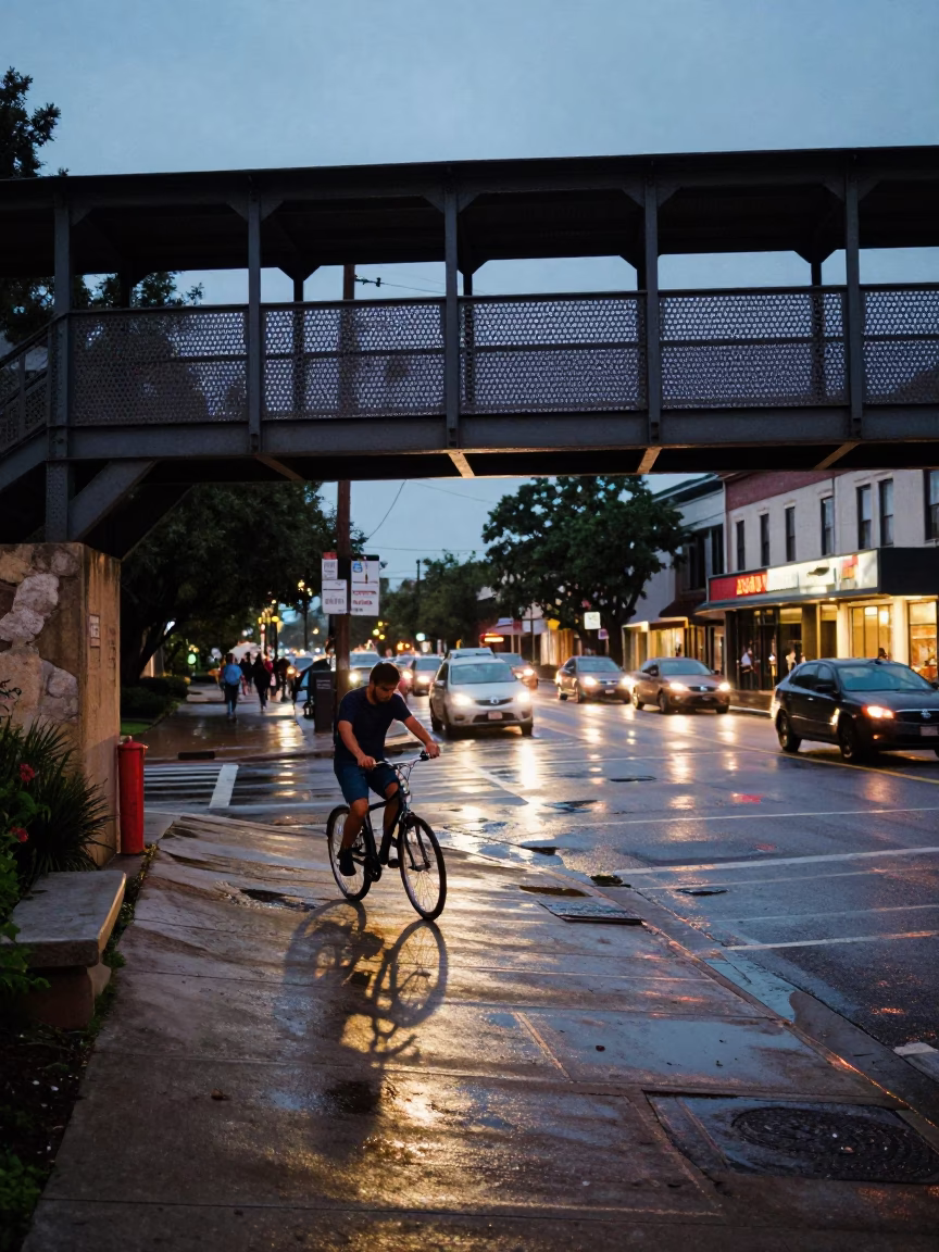 Twilight street scene in Austin Texas with pedestrian overpass and wet footsteps in in Austin, Texas, United States