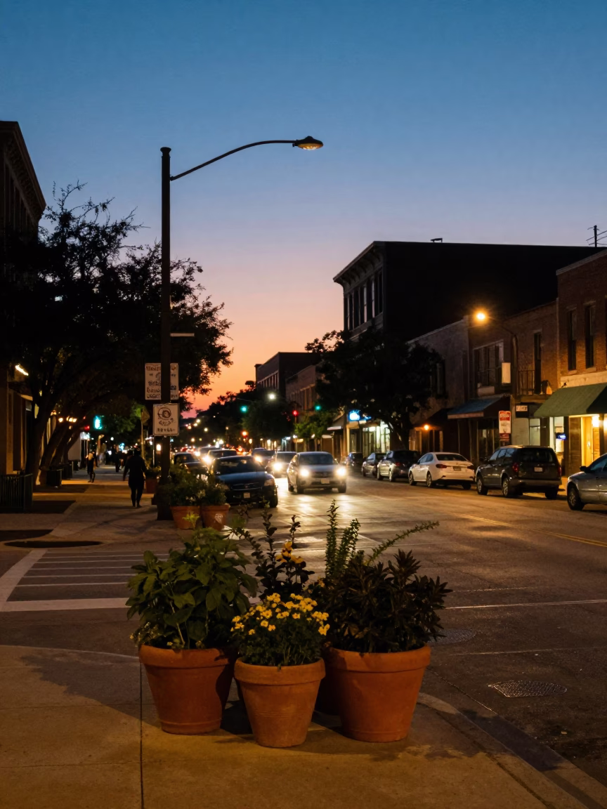 Twilight Street Scene in Austin Texas with Potted Herbs and Urban Landscape in in Austin, Texas, United States