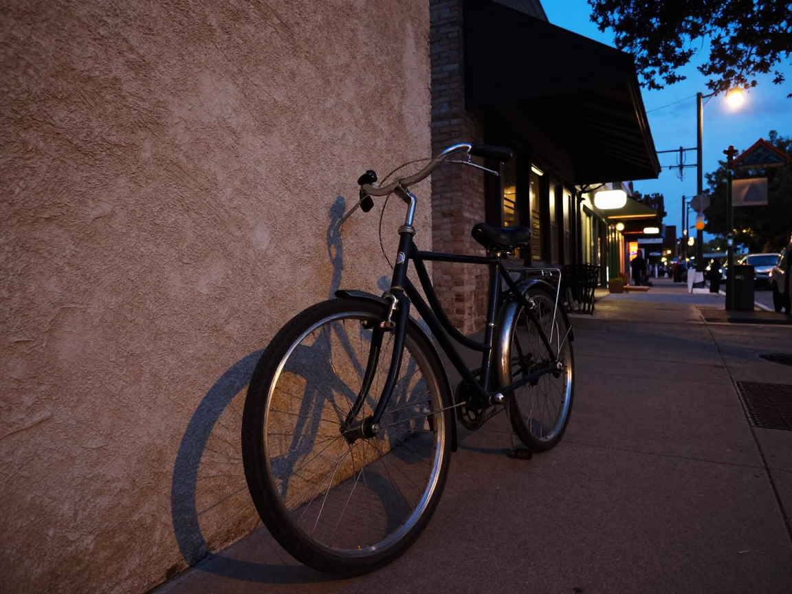 Twilight Street Scene in Austin Texas with Vintage Bicycle and Local Details in in Austin, Texas, United States
