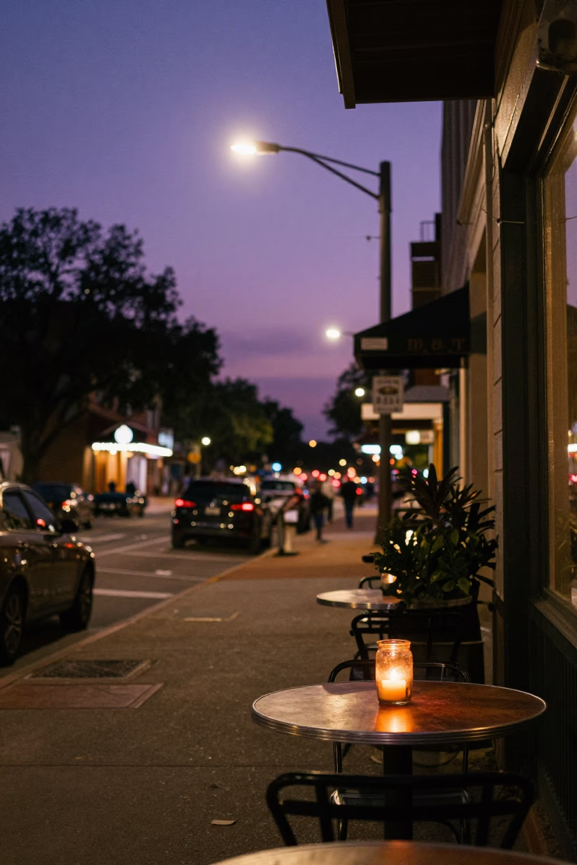 Twilight Street Scene in Austin Texas with Vintage Details and Urban Life in in Austin, Texas, United States