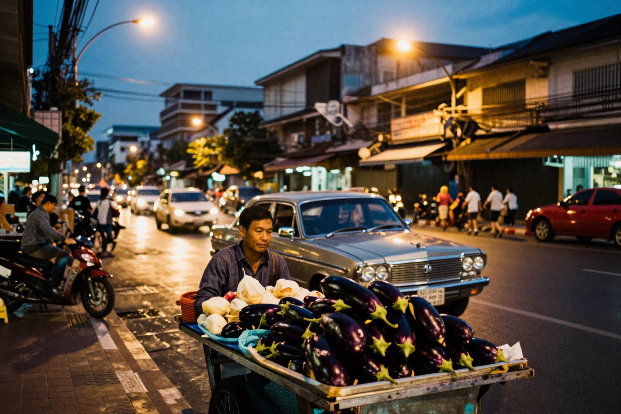 Twilight Street Scene in Bangkok Thailand with Eggplants and Vintage Car in in Bangkok, Thailand