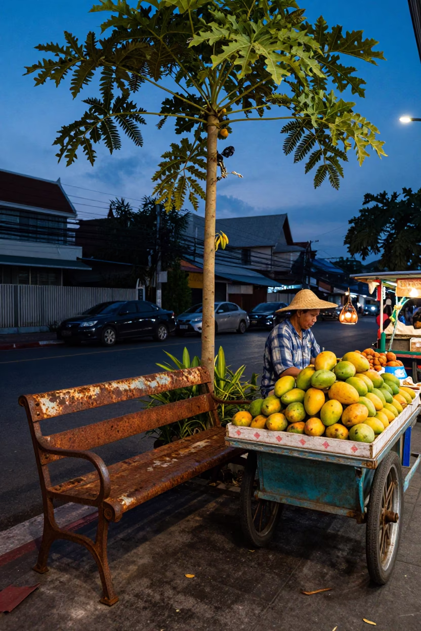 Twilight Street Scene in Bangkok Thailand with Mangoes and Vintage Rust in in Bangkok, Thailand