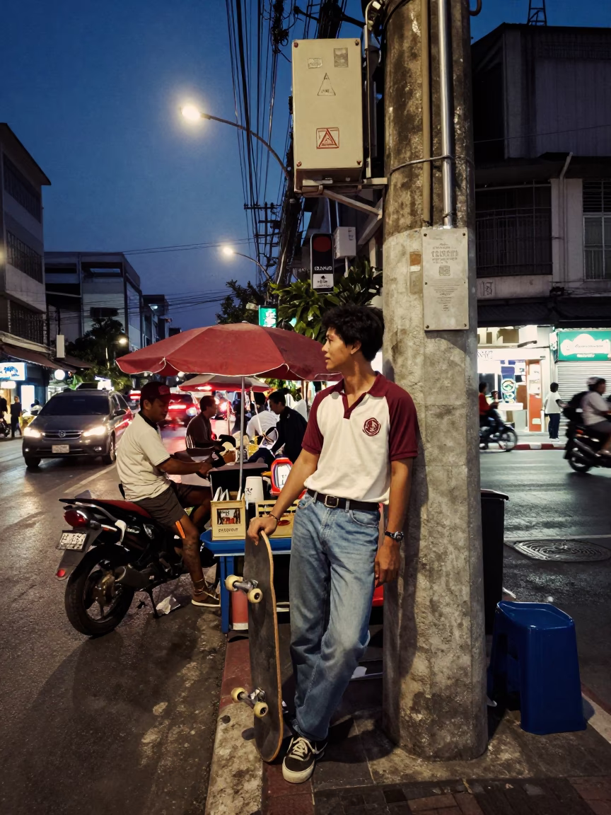 Twilight Street Scene in Bangkok Thailand with Vendor and Skateboard in in Bangkok, Thailand