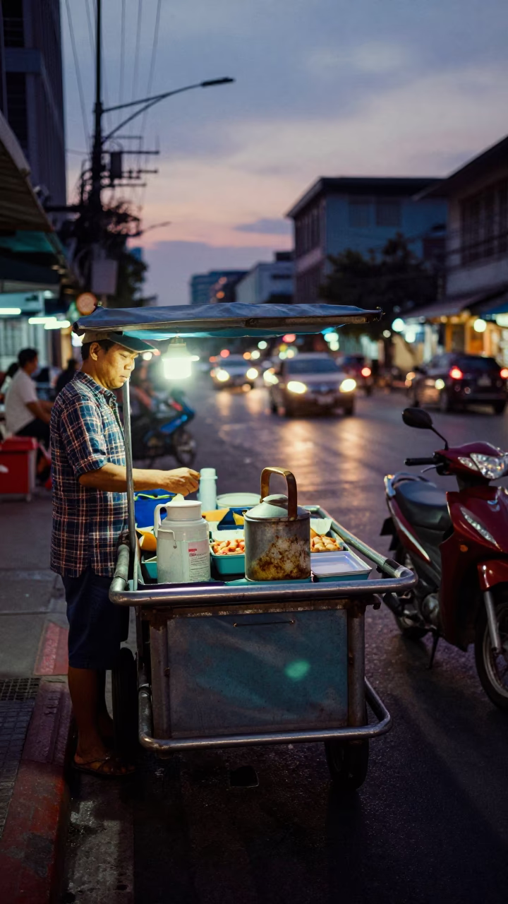 Twilight street scene in Bangkok Thailand with vendor and urban details in in Bangkok, Thailand