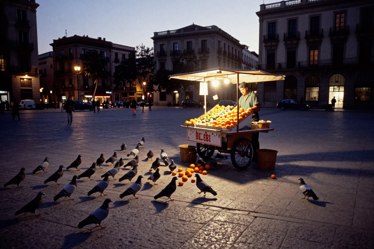 Twilight Street Scene in Barcelona Featuring Pigeons and Fruit Stall in in Barcelona, Spain