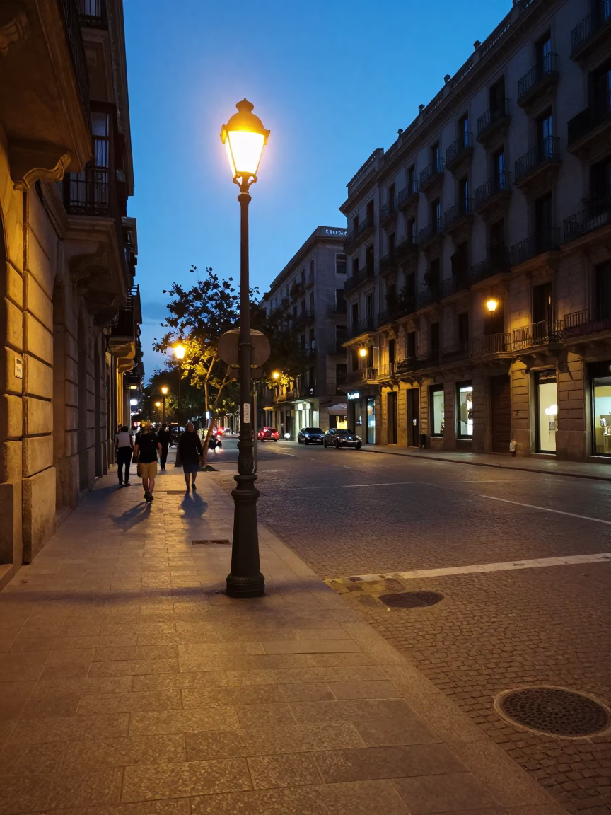 Twilight Street Scene in Barcelona Spain with Floor Lamp and Urban Details in in Barcelona, Spain