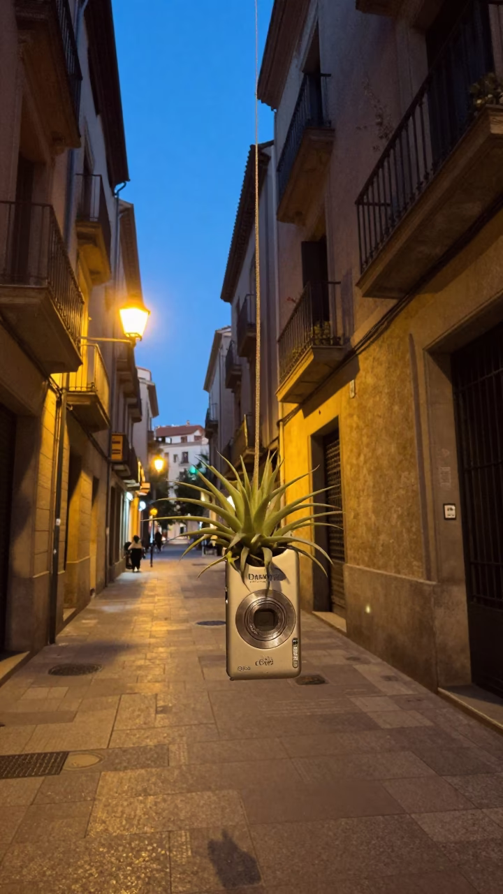 Twilight Street Scene in Barcelona Spain with Hanging Air Plant and Deck of Cards in in Barcelona, Spain