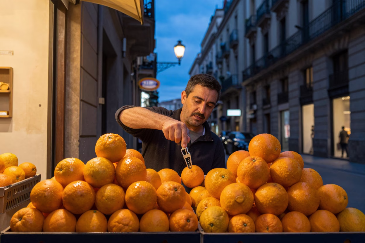 Twilight Street Scene in Barcelona Spain with Oranges and Wine Opener in in Barcelona, Spain