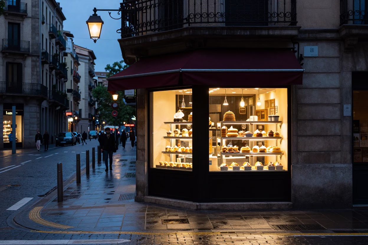 Twilight Street Scene in Barcelona Spain with Pastry Shop Display and Classic Architecture in in Barcelona, Spain