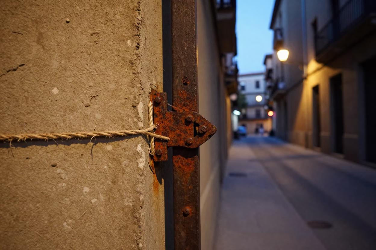 Twilight Street Scene in Barcelona Spain with Rusty Hinge and Twine in in Barcelona, Spain