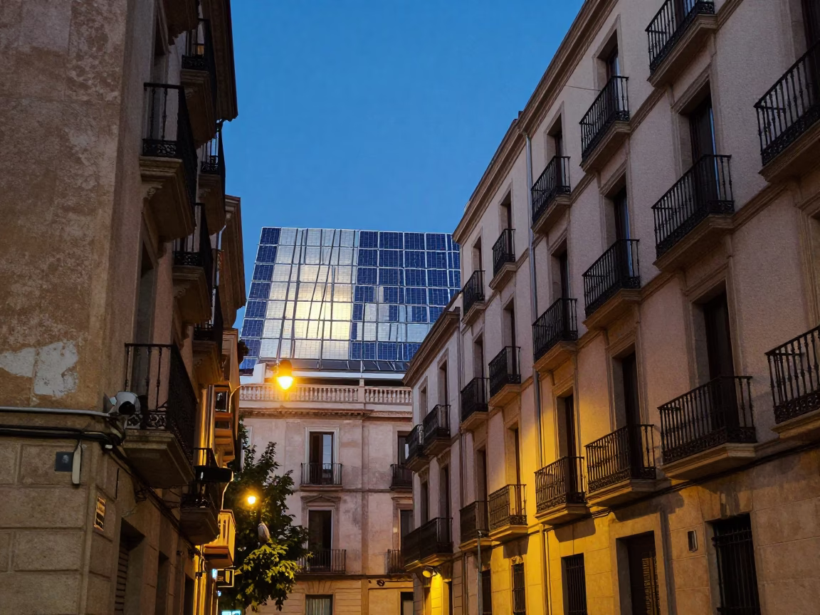 Twilight Street Scene in Barcelona Spain with Solar Array and Urban Details in in Barcelona, Spain