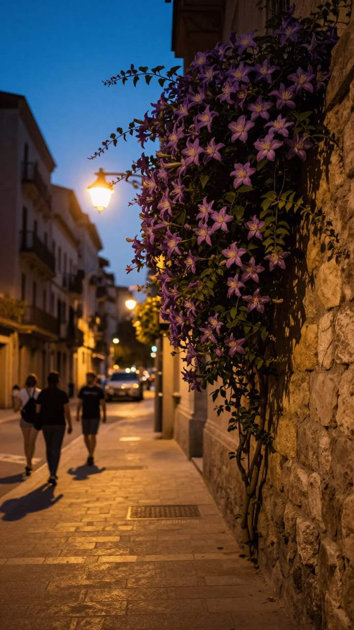 Twilight Street Scene in Barcelona Spain with Stone Wall and Clematis Vine in in Barcelona, Spain