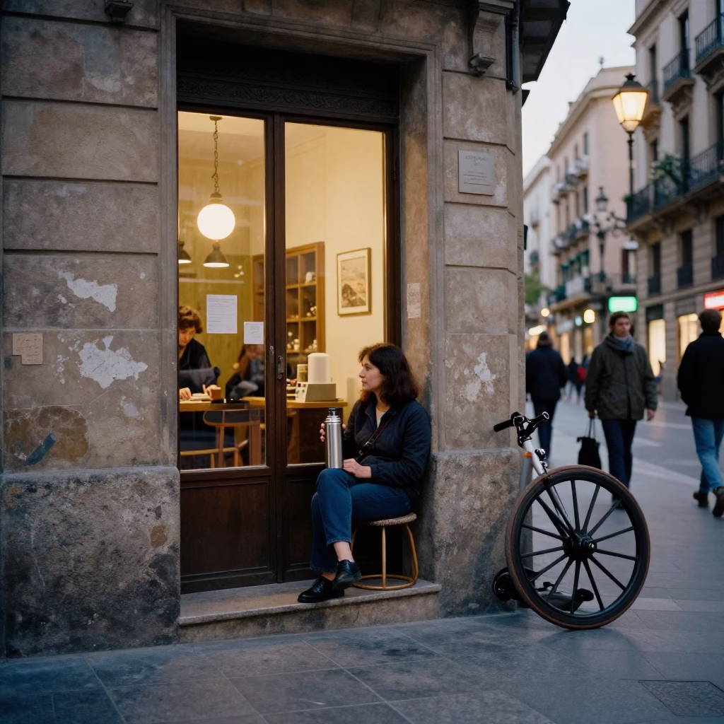 Twilight Street Scene in Barcelona Spain with Thermos and Caster Wheel in in Barcelona, Spain