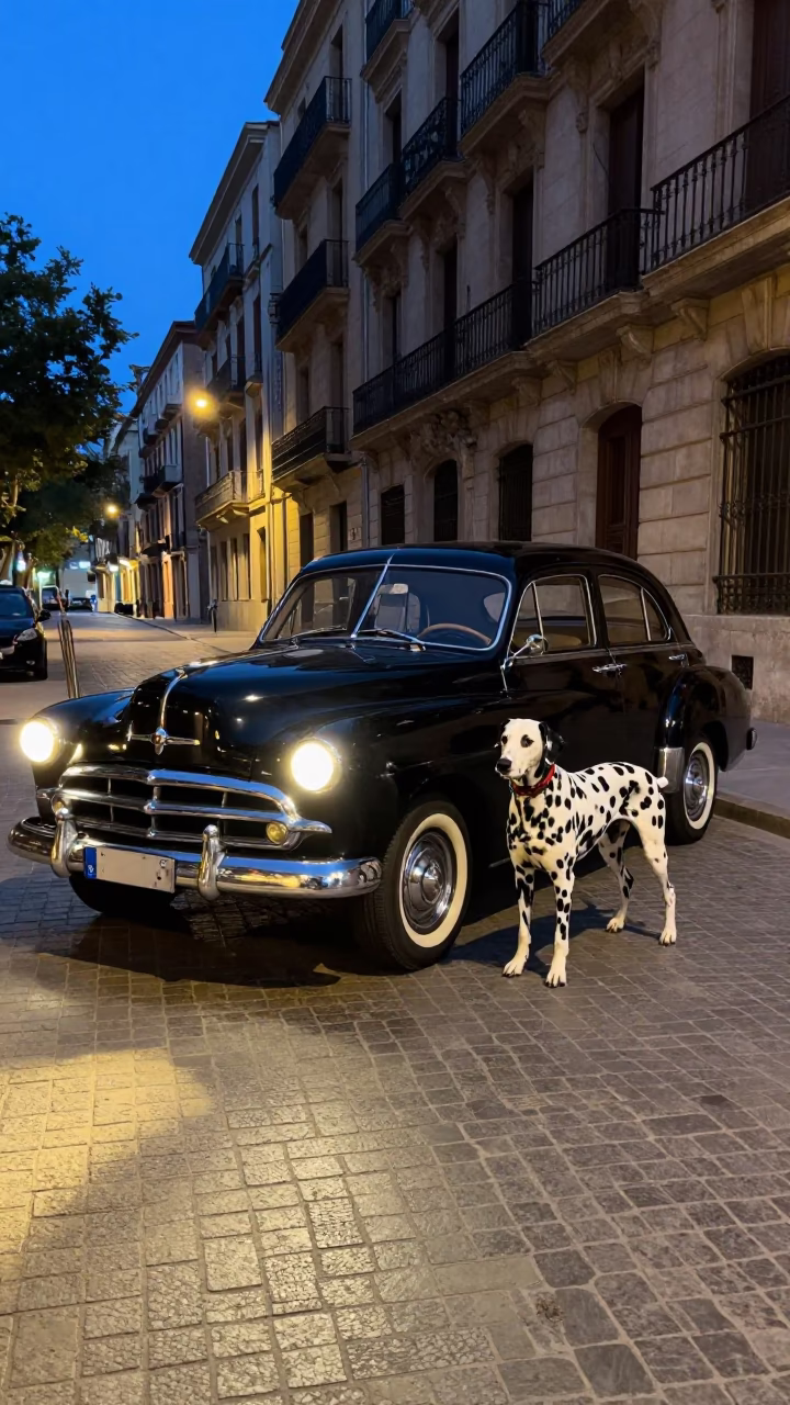 Twilight Street Scene in Barcelona Spain with Vintage 1950s Car and Dalmatian in in Barcelona, Spain