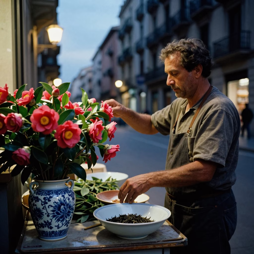 Twilight Street Scene in Barcelona Spain with Vintage Camellia and Porcelain Details in in Barcelona, Spain
