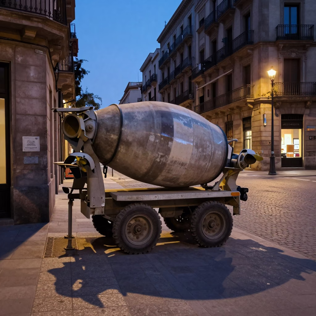 Twilight Street Scene in Barcelona Spain with Vintage Construction Mixer and Urban Details in in Barcelona, Spain