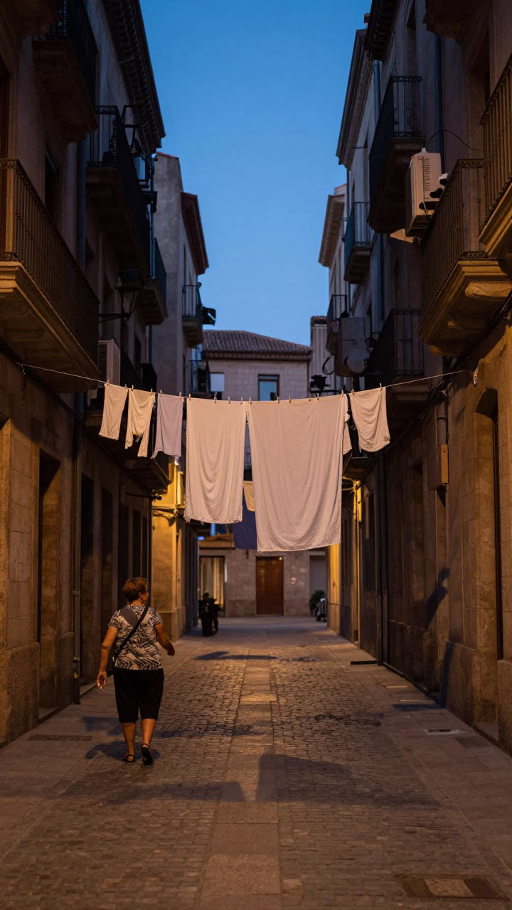 Twilight street scene in Barcelona with laundry and local details in in Barcelona, Spain