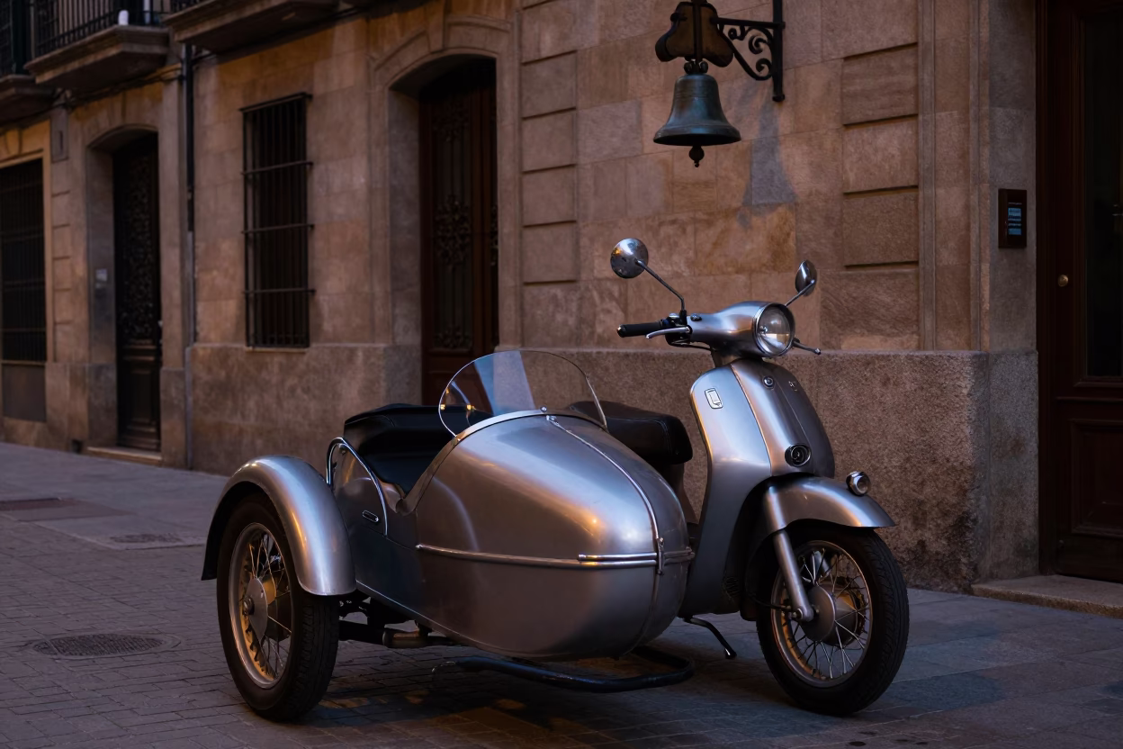 Twilight Street Scene in Barcelona with Vintage Motorcycle and Bell Tower in in Barcelona, Spain