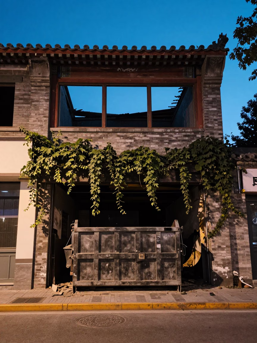 Twilight Street Scene in Beijing China with Demolition Dumpster and Vine in in Beijing, China