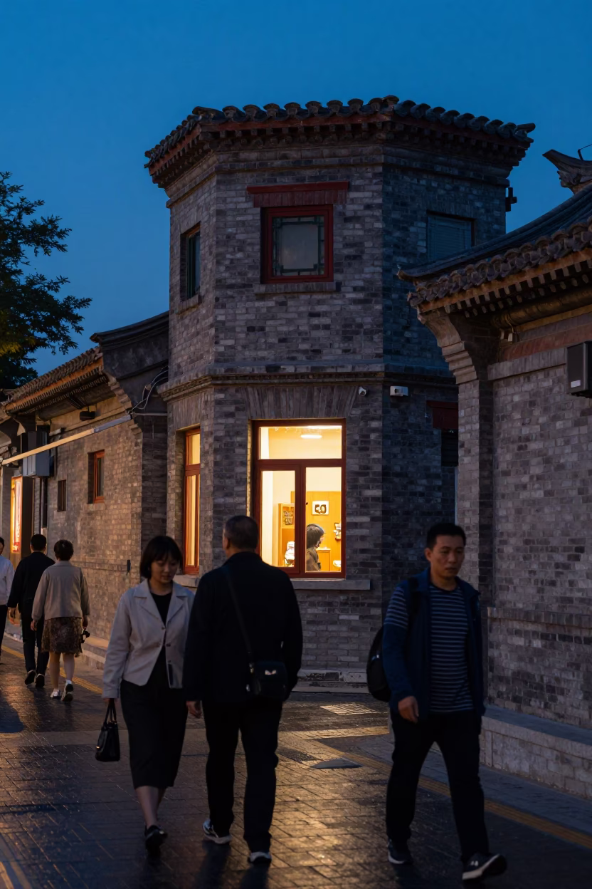 Twilight street scene in Beijing China with glowing pump house window and traditional architecture in in Beijing, China