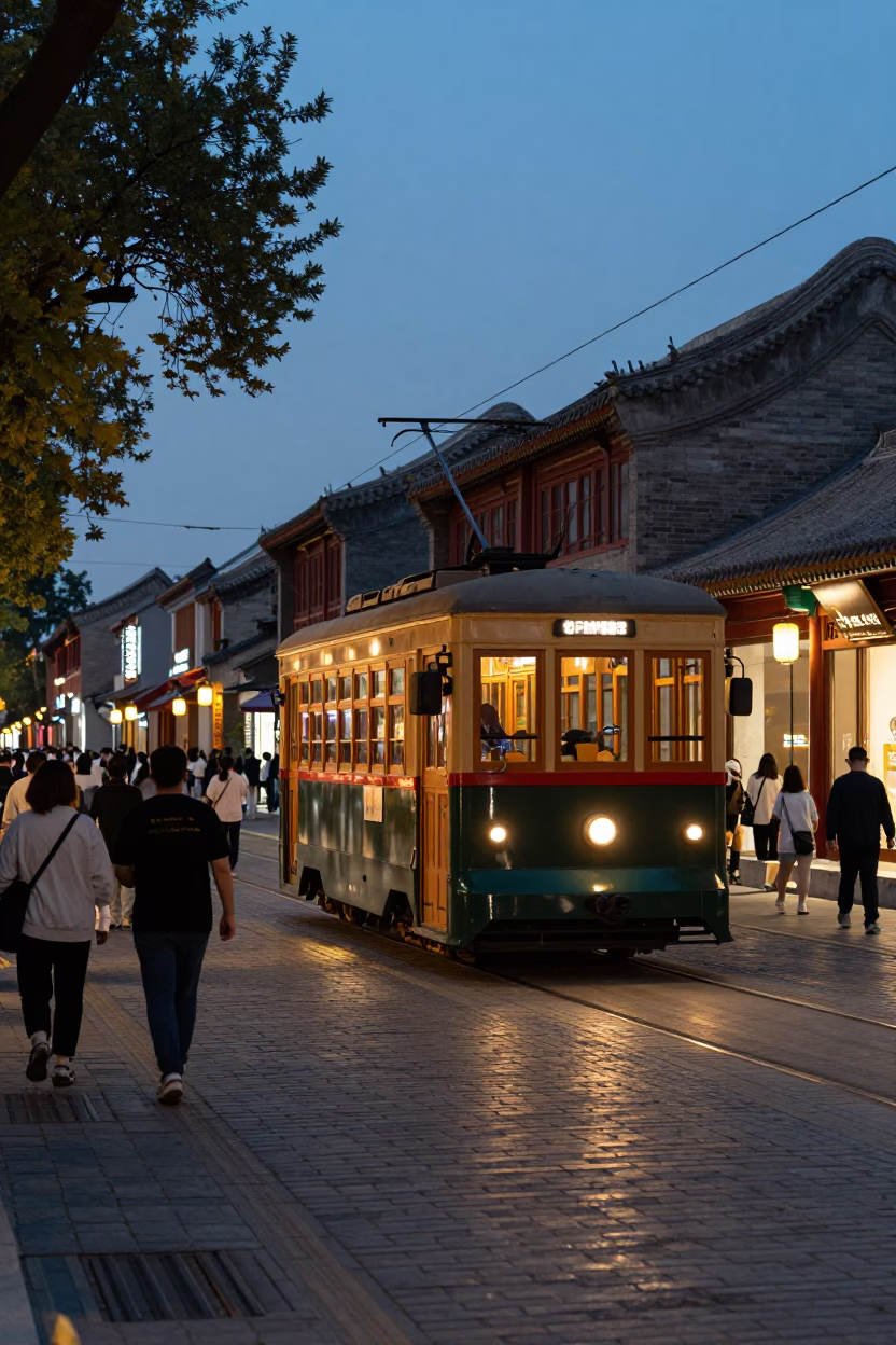 Twilight Street Scene in Beijing China with Heritage Tram and Stone Slab in in Beijing, China