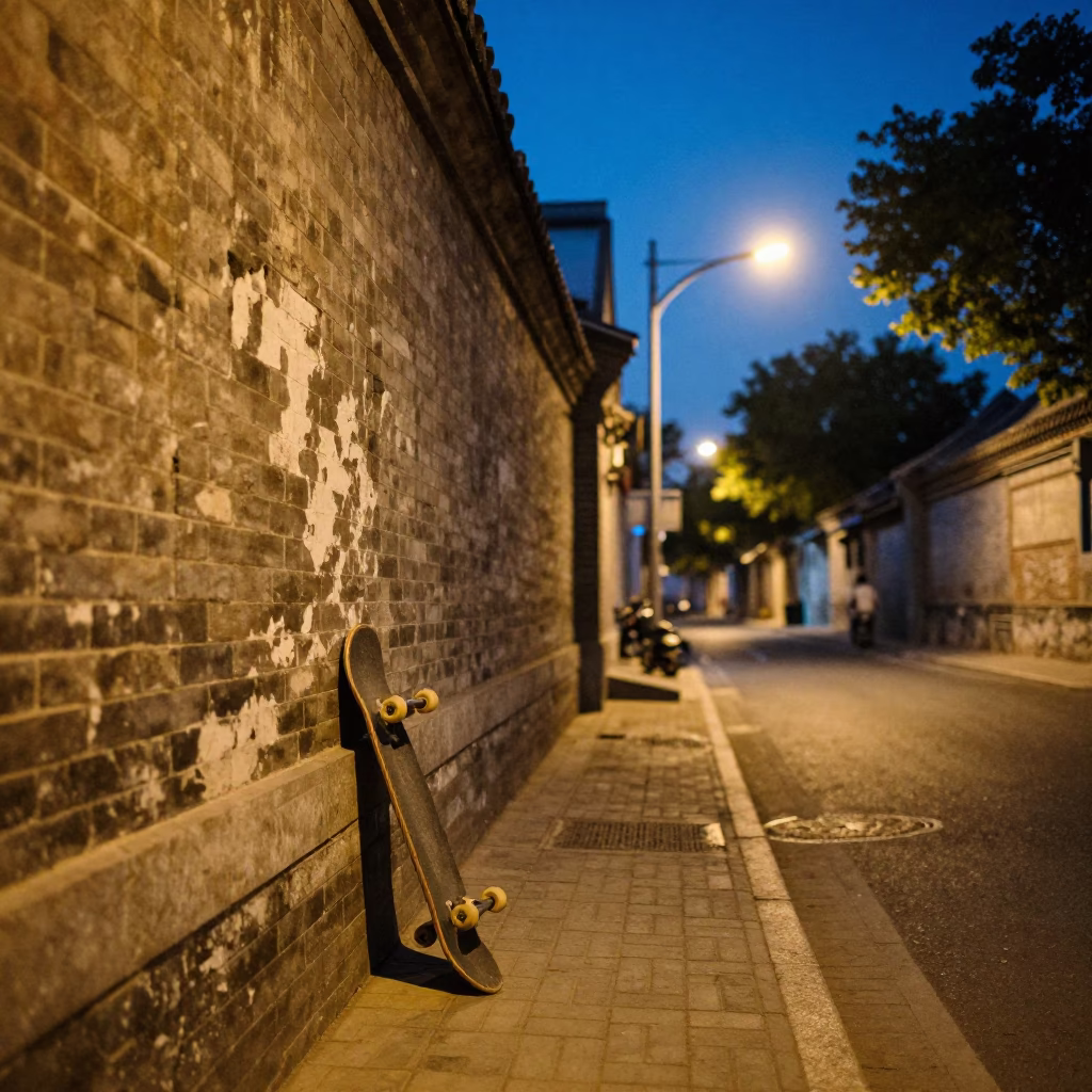 Twilight Street Scene in Beijing China with Skateboard and Urban Life in in Beijing, China