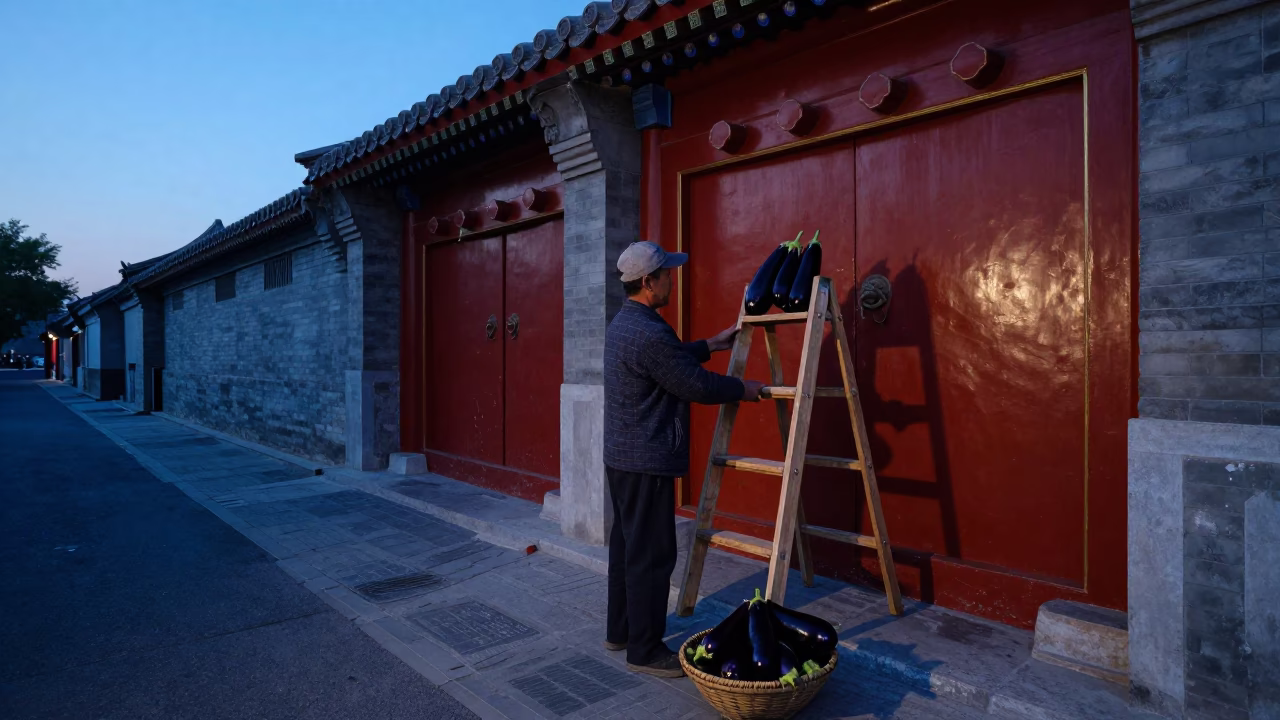 Twilight Street Scene in Beijing China with Step Ladder and Eggplants in in Beijing, China