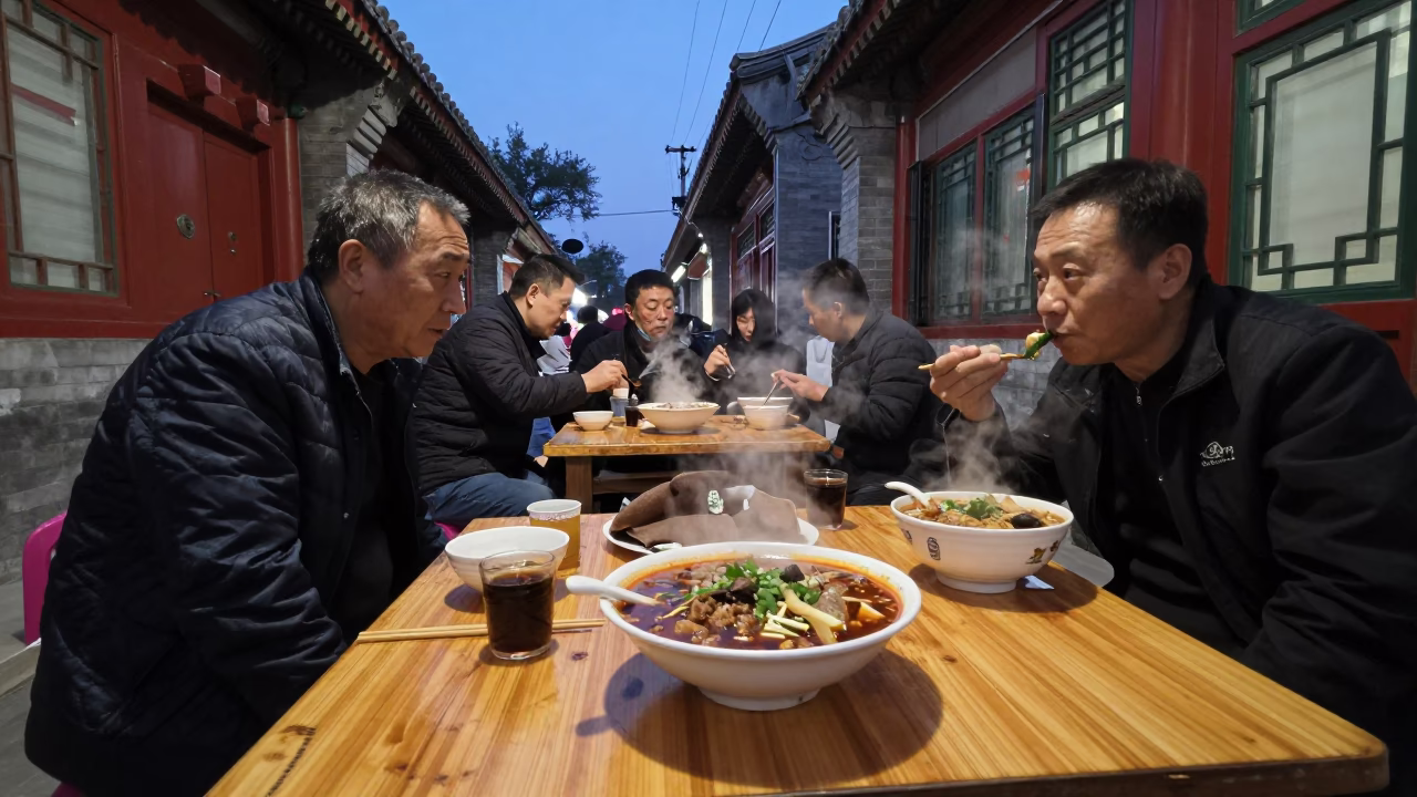 Twilight Street Scene in Beijing China with Traditional Dining Elements in in Beijing, China