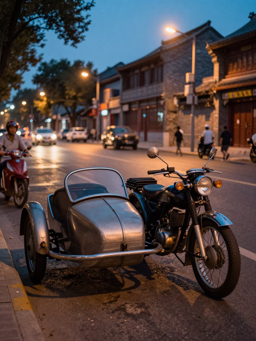 Twilight Street Scene in Beijing China with Vintage Motorcycle Sidecar and Pedestrians in in Beijing, China