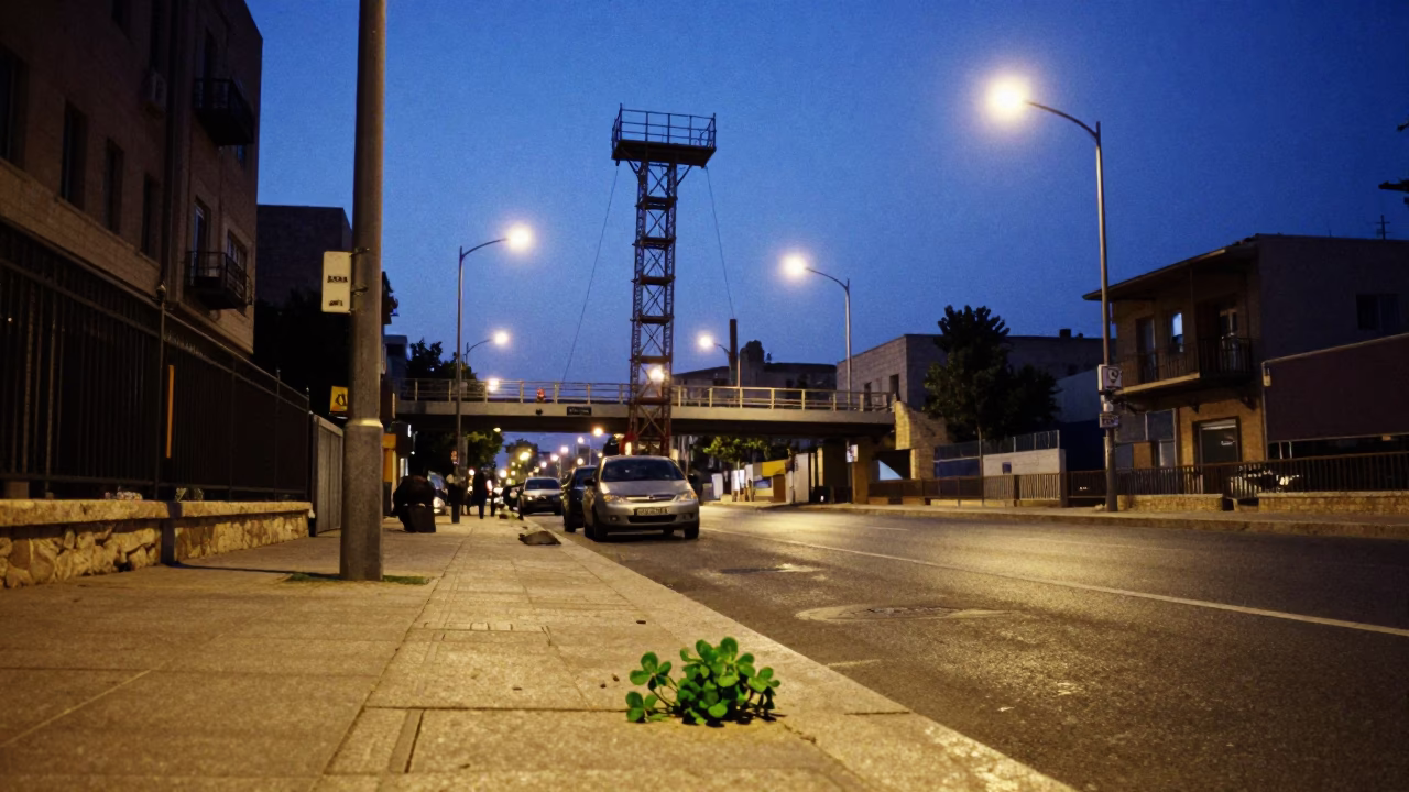 Twilight Street Scene in Beirut Lebanon with Bridge Maintenance Cage and Urban Architecture in in Beirut, Lebanon