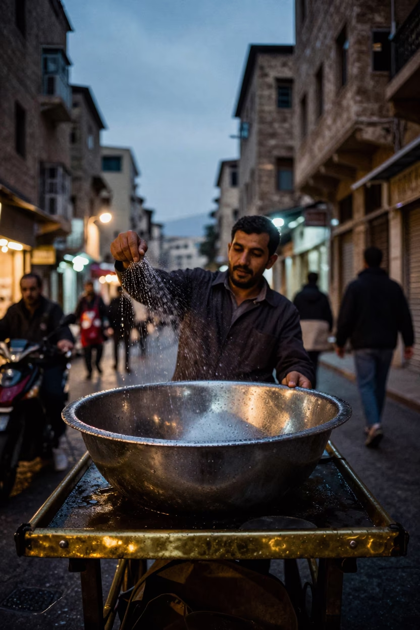 Twilight Street Scene in Beirut Lebanon with Condensation on Basin and Polished Brass Edge in in Beirut, Lebanon