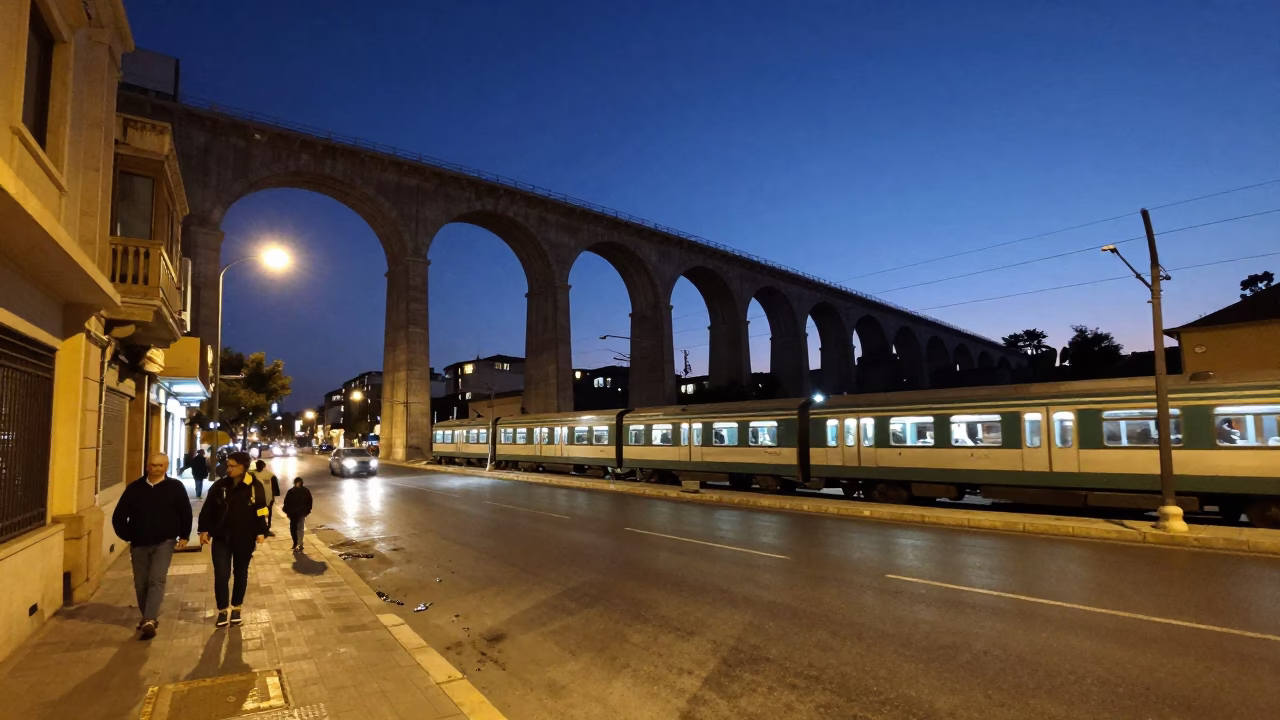 Twilight Street Scene in Beirut Lebanon with Railway Viaduct and Train Passing in in Beirut, Lebanon