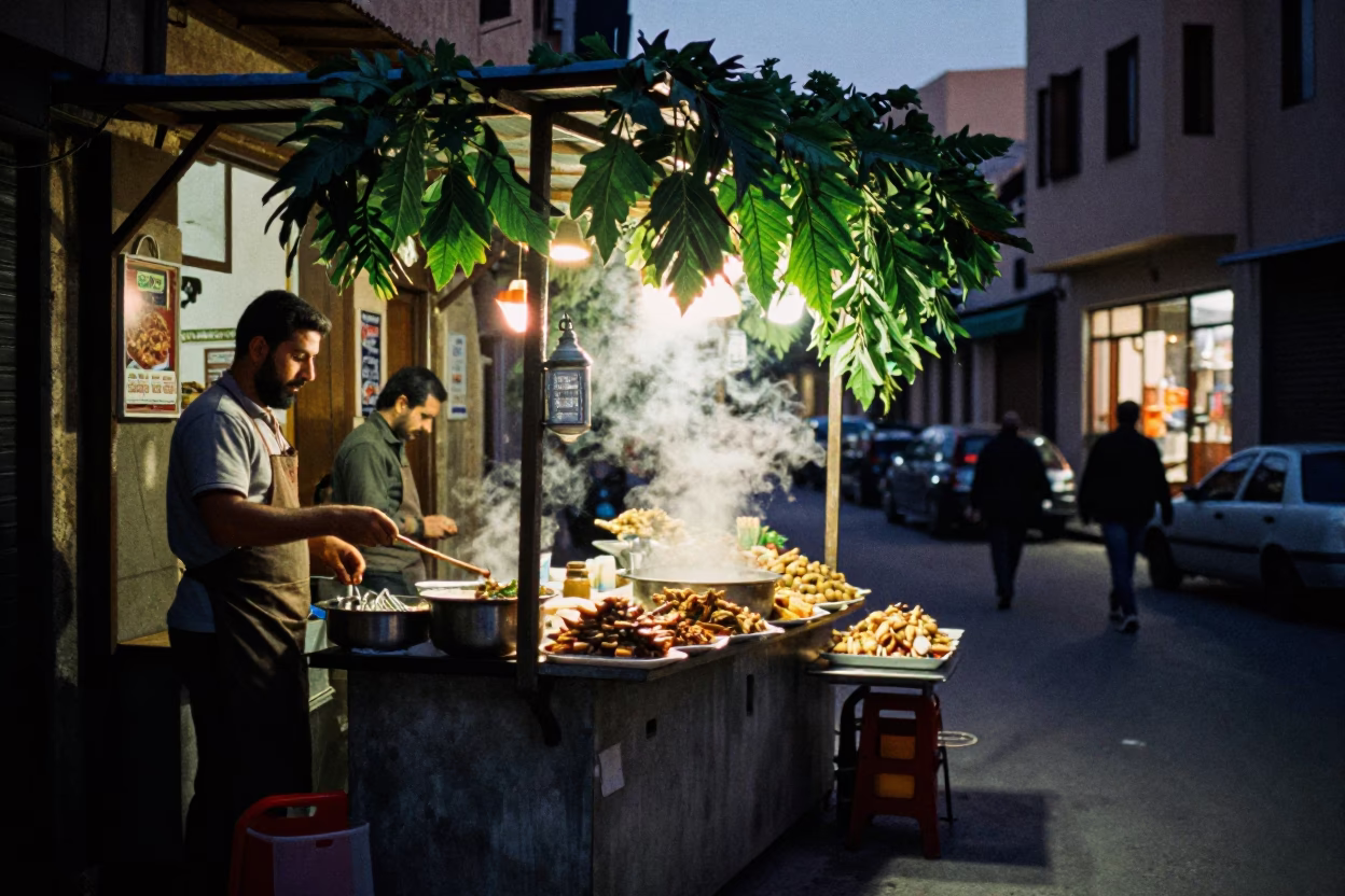 Twilight Street Scene in Beirut Lebanon with Traditional Food and Local Details in in Beirut, Lebanon