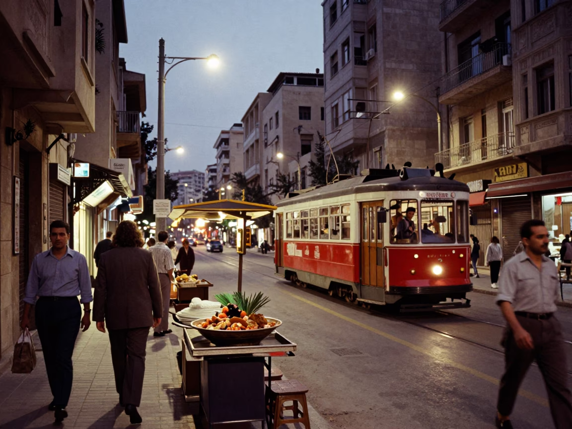 Twilight Street Scene in Beirut Lebanon with Tram and Urban Details in in Beirut, Lebanon