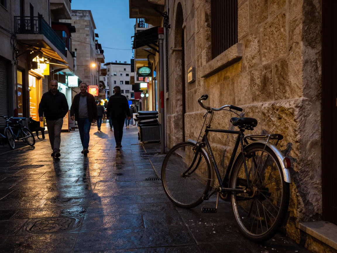 Twilight Street Scene in Beirut Lebanon with Vintage Bicycle and Local Life in in Beirut, Lebanon