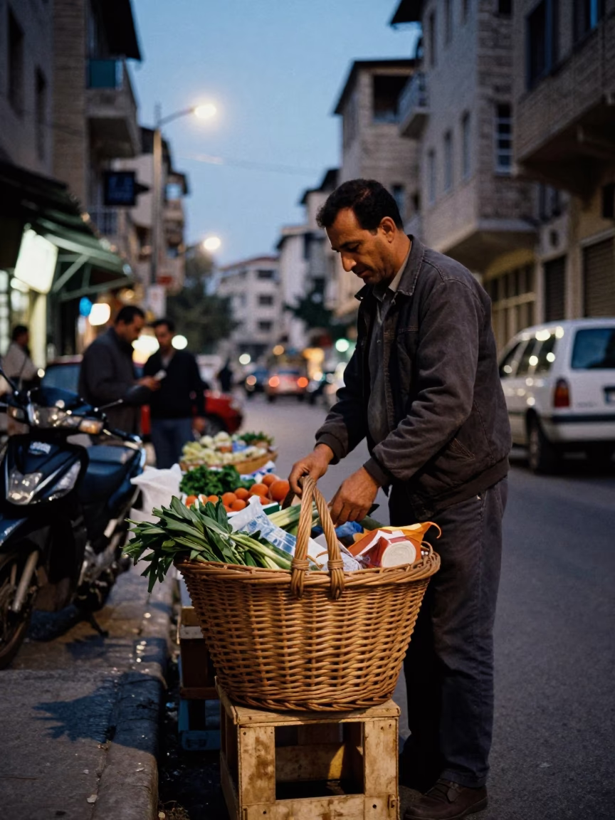 Twilight Street Scene in Beirut Lebanon with Wicker Basket and Urban Details in in Beirut, Lebanon