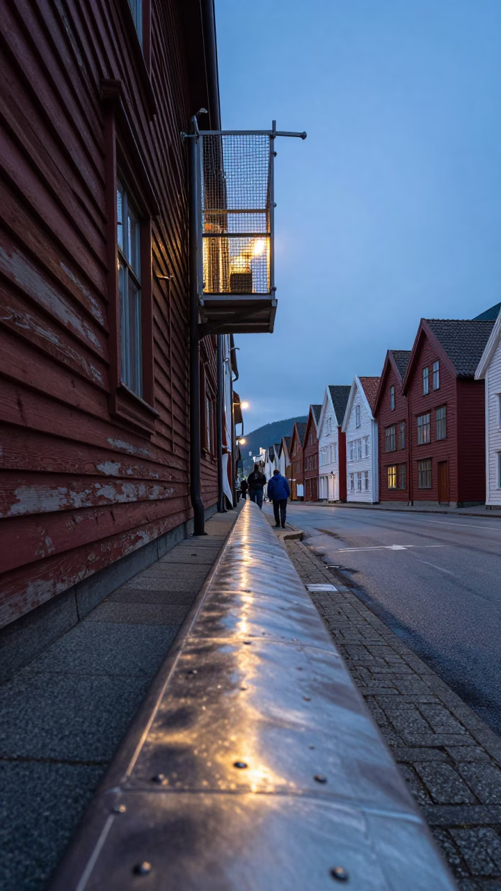 Twilight Street Scene in Bergen Norway with Brushed Steel Sill and Bridge Maintenance Cage in in Bergen, Norway