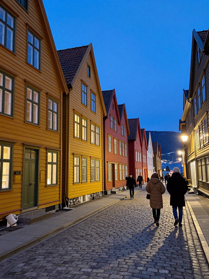 Twilight Street Scene in Bergen Norway with Cobblestones and Historic Colorful Houses in in Bergen, Norway