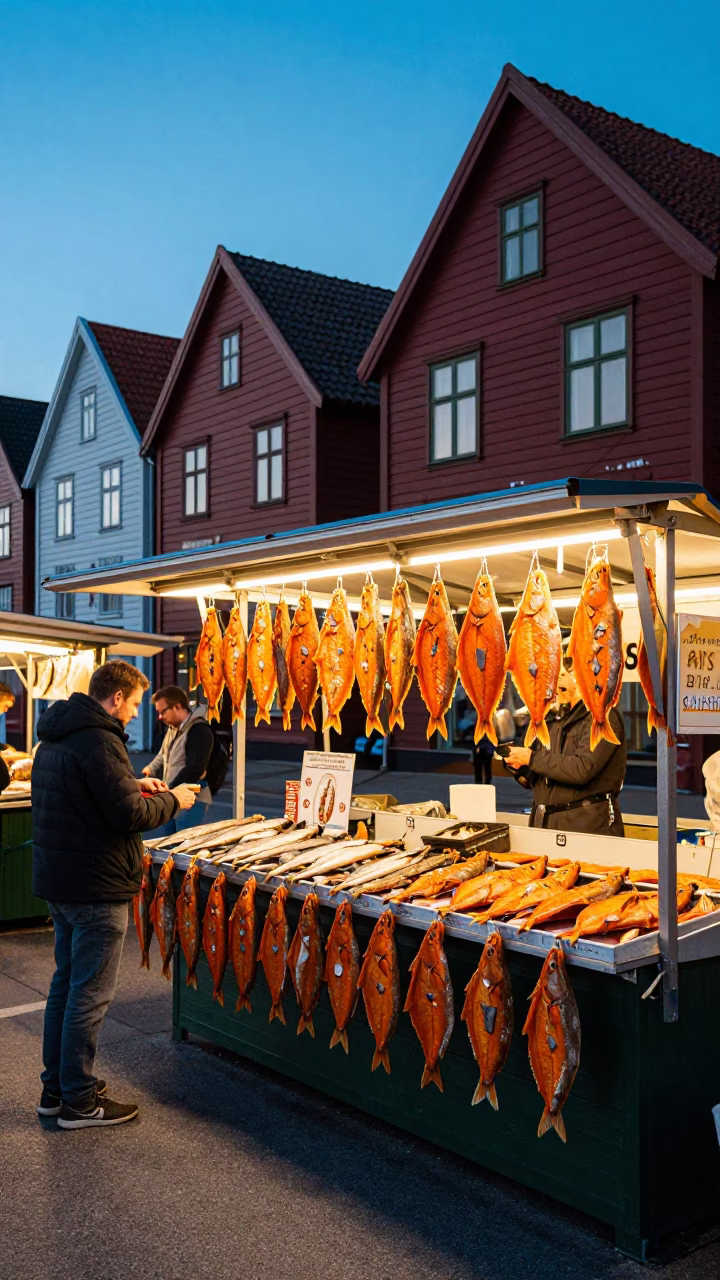 Twilight Street Scene in Bergen Norway with Colorful Fish Scales and Brass Bell Details in in Bergen, Norway