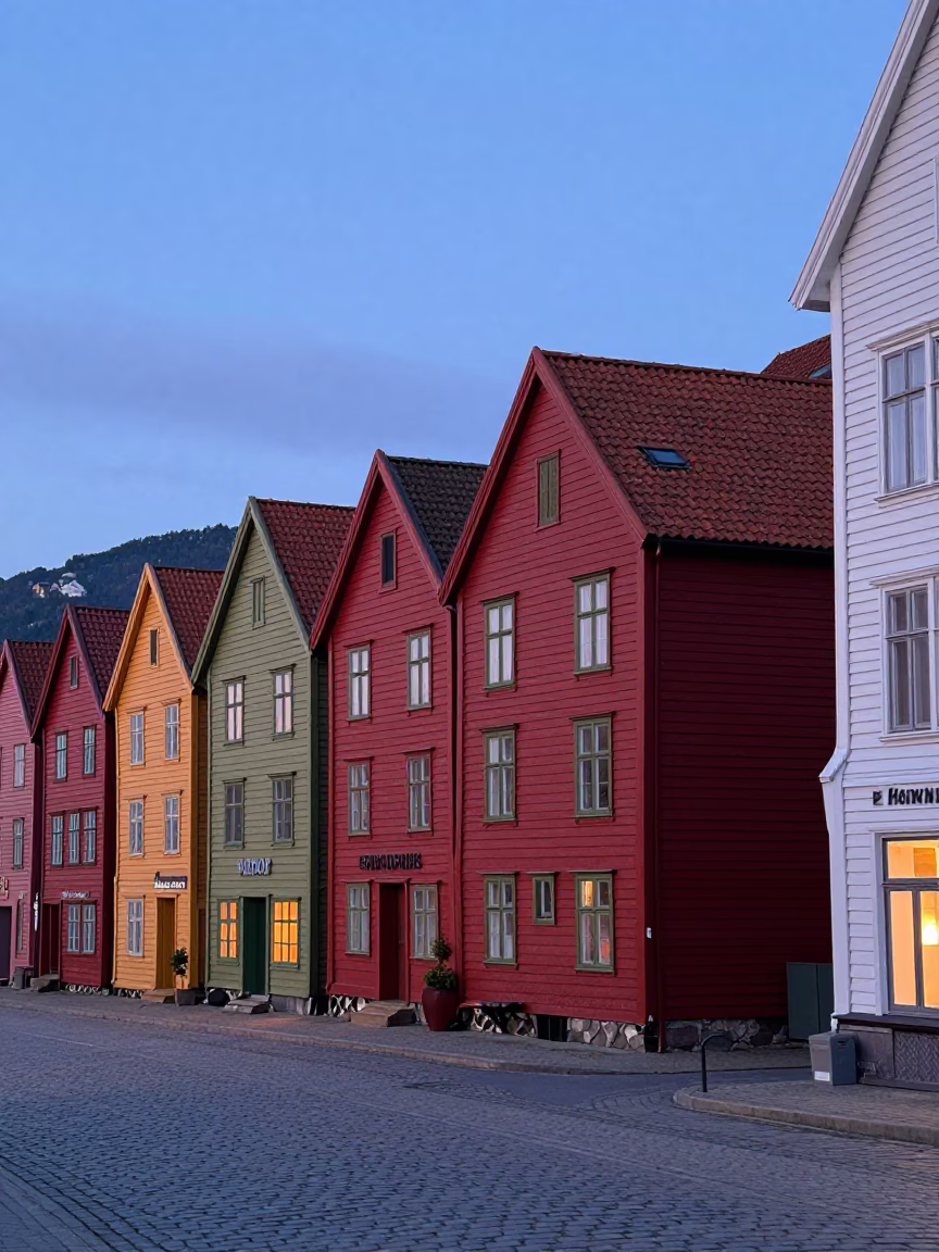Twilight Street Scene in Bergen Norway with Colorful Hanseatic Wharf Buildings and Wooden Architecture in in Bergen, Norway