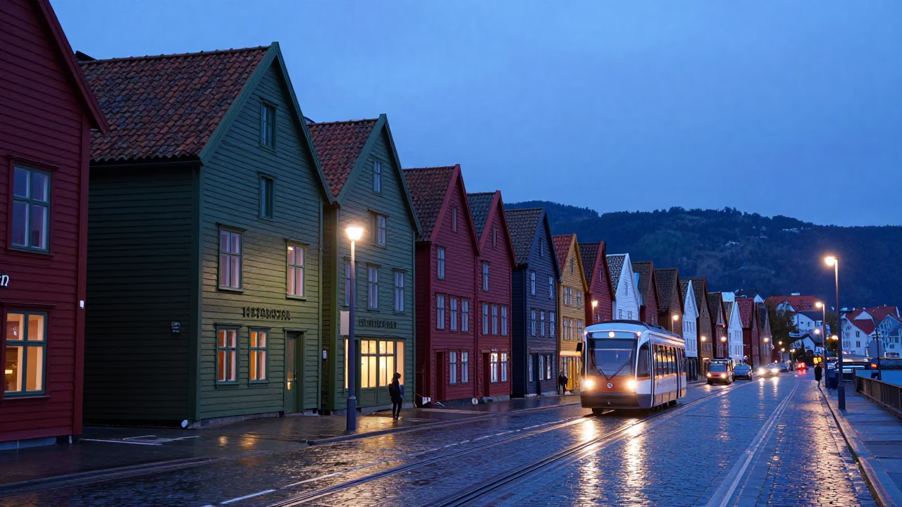 Twilight street scene in Bergen Norway with colorful houses and tram wires in in Bergen, Norway